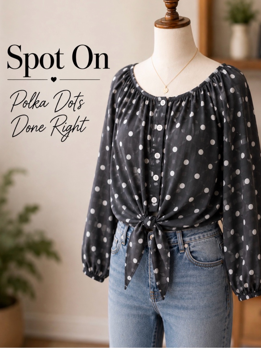 Polka Dot Tie Front Blouse | Gray & White Peasant Top | Cottagecore Chic